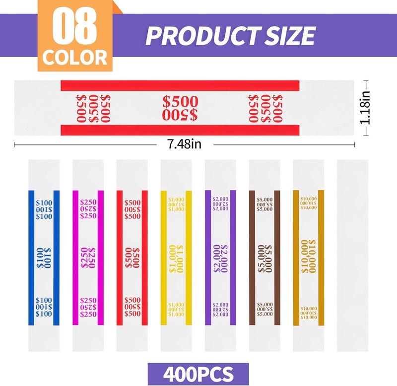 Bolsdoic 400pcs Currency Straps for Cash Management，8 Colors Self Adhesive Money Wrappers for Bills，Money Band Bill Wrappers for Banks, Businesses, and Home - Image 2